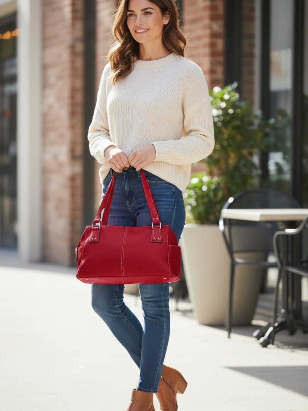 Fossil Red Leather Shoulder Bag / Satchel – Double Handle – Silver Hardware
